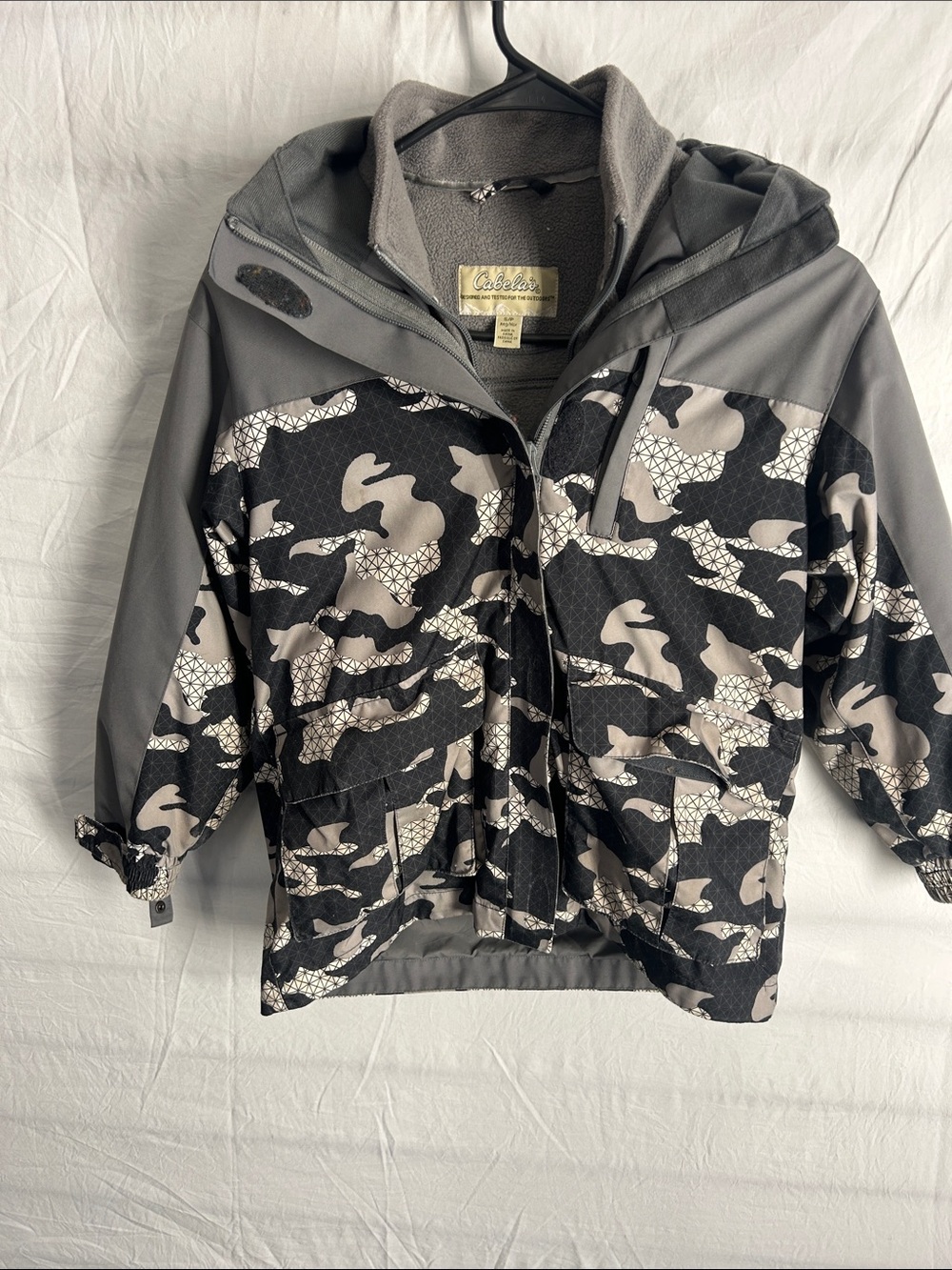 Cabela's Black and Gray Camo Hooded Kids Jacket